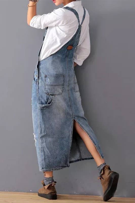 ripped denim overall dress This Denim Overalls Dress is made from recycled denim. It uses just one pair of Overalls and many cut Denim pieces. Unique and sustainable